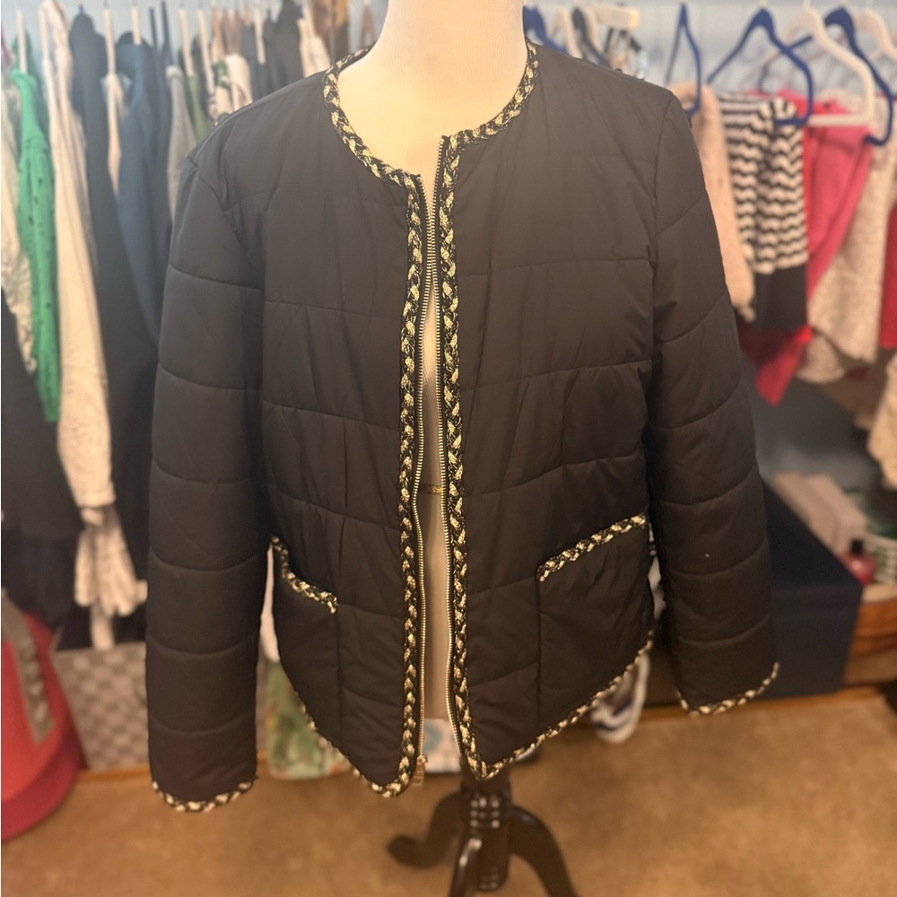 Chico’s Black Quilted Jacket with Gold Trim
